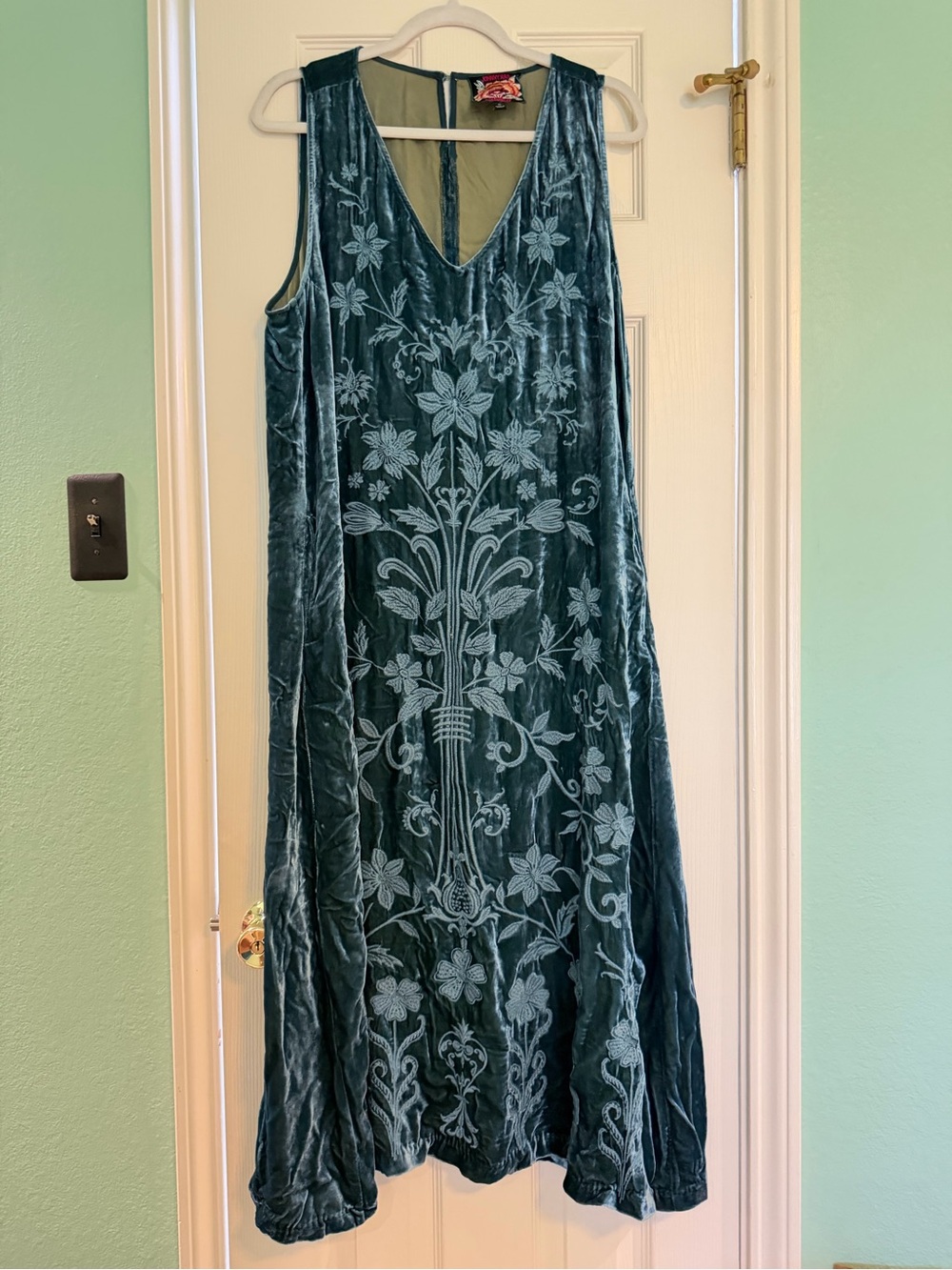 Johnny Was Teal Velvet Embroidered Floral Maxi Dress